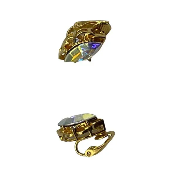 Lind Gold Tone Marquise Aurora Borealis Rhinestone Cut Clip-On Earrings 3/4” - Picture 5 of 10